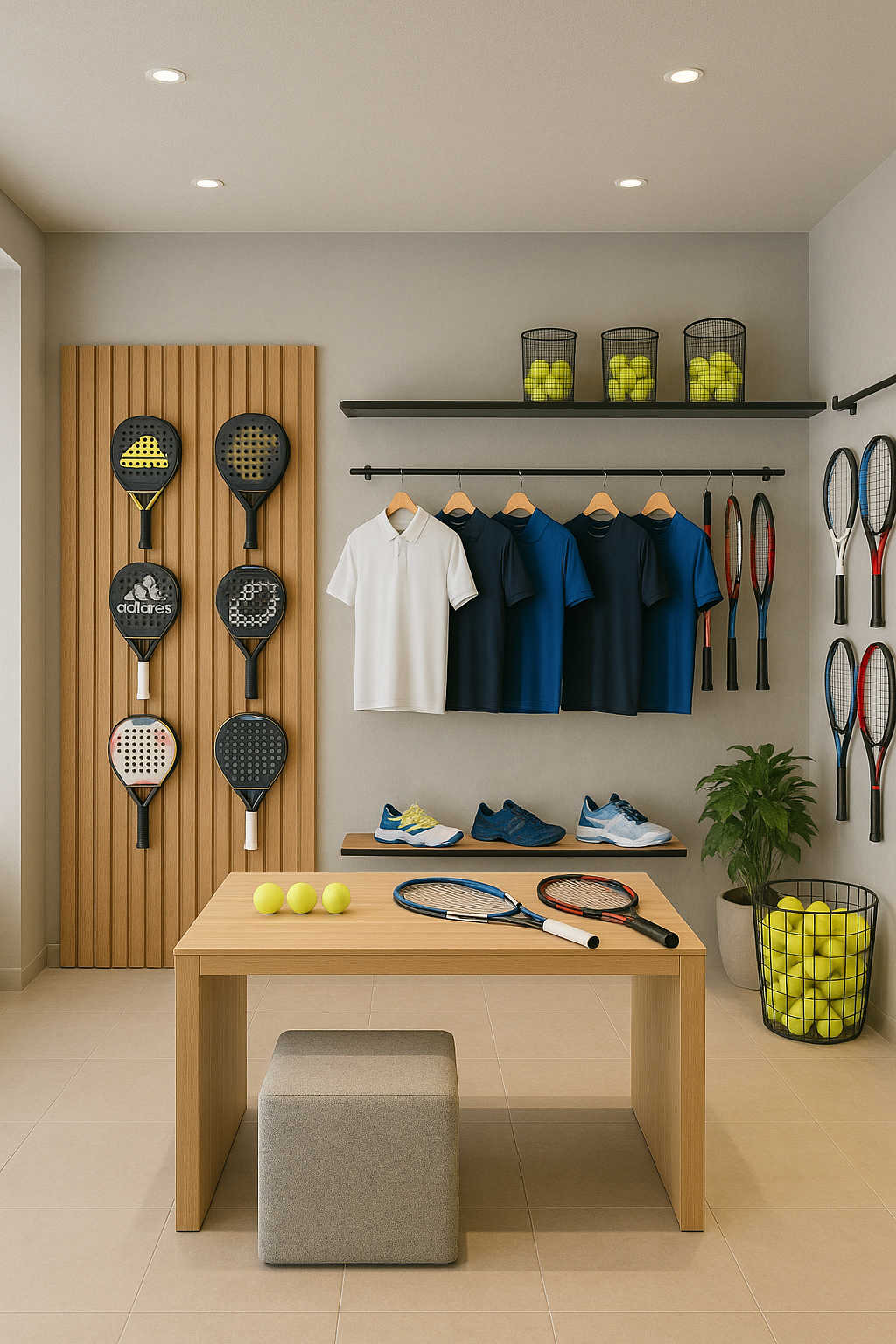 Diseño sostenible de tienda de pádel con expositores Shelf2000.es en ABS y decoración ecológica